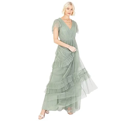 Abbildung von Anaya with Love Damen Short Sleeve Evening Ball Gown Tiered V Neck Bow Tie Bridesmaid Wedding Guest Prom Long Kleid, Frosted Green, 46 EU (UK 18)