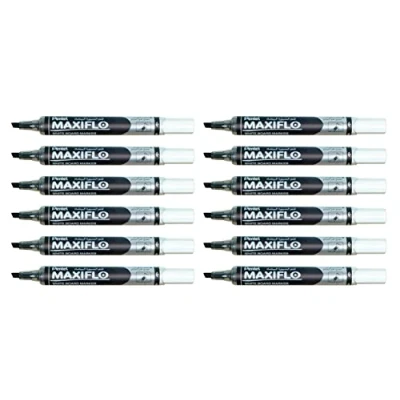 Abbildung von Pentel Maxiflo Whiteboard Marker, trocken abwischbar, schmale abgeschrägte Spitze, Schwarz, 12 Stück