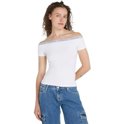 Abbildung von Calvin Klein Jeans LOGO Elastic Bardot TOP Tshirt print, Damen, Größe: Large, Bright white