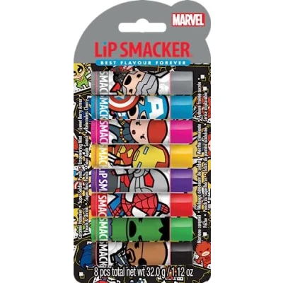 Abbildung von Lip Smacker Marvel Collection, The Avengers Party Set, 8 Aromatisierte Lippenbalsame für Kinder, inspiriert von den Superhelden, Feuchtigkeitsspendend und Erfrischend