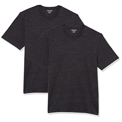 Abbildung von Amazon Essentials Herren Kurzärmliges T Shirt mit V Ausschnitt in normaler Passform (in Übergrößen erhältlich), 2er Pack, Dunkelgrau Meliert, 4XL Große Größen Tall