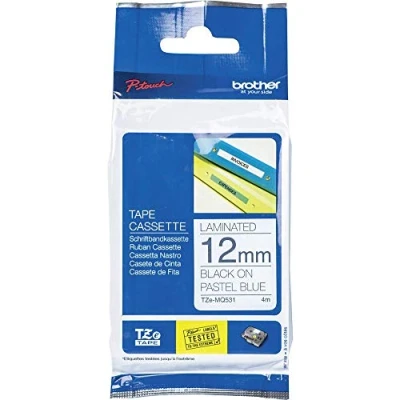 Abbildung von Brother Original laminiertes Schriftband TZe MQ531 12 mm, schwarz auf pastell blau (u.a.für P touch H200, H100LB/R, H105, E100/VP, D200/BW/VP, D210/VP, Cube), TZeMQ531,