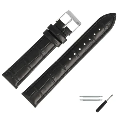 Abbildung von MARBURGER Uhrenarmband 20mm Leder Schwarz Silber Alligator Prägung Mit Naht Montage Set 2772010000120