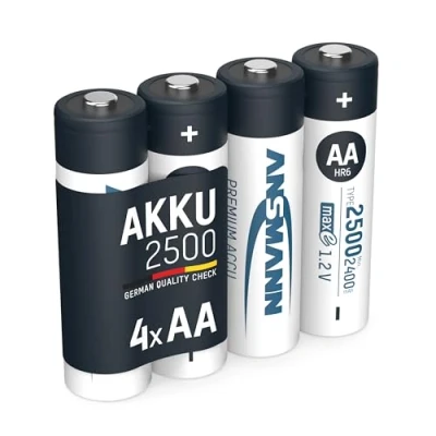 Abbildung von ANSMANN Akku AA 2500 mAh NiMH 1,2 V (4 Stück) Mignon Batterien wiederaufladbar, maxE sorgt für äußerst geringe Selbstentladung jahrelangen Einsatz