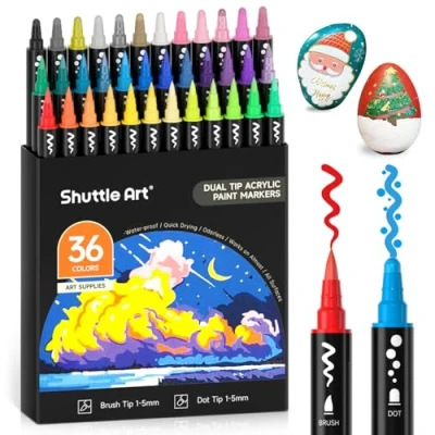 Abbildung von Shuttle Art Acrylstifte für Steine wasserfest, 36 bemalen Stifte Set, doppelköpfige Acrylmarker mit Pinsel &amp; dot Spitze, Acryl holz, Glas, Keramik, Leinwand, wasserfester Stift