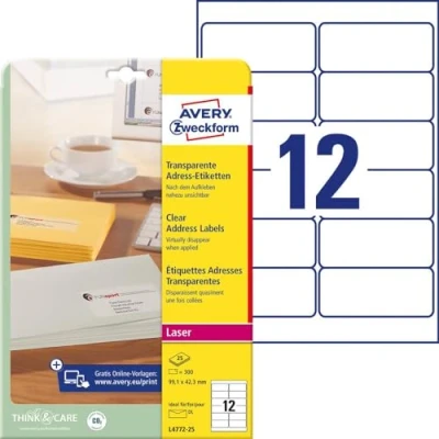 Abbildung von AVERY Zweckform L4772 25 Adressetiketten/Adressaufkleber(300 Etiketten, 99,1x42,3mm auf A4, bedruckbar, selbstklebend, für DIN lang Kuverts + Deutsche Post INTERNETMARKE) Blatt, transparent