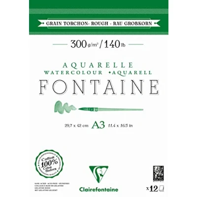 Abbildung von Clairefontaine 975952C Aquarellblock Fontaine DIN A3 29,7x42cm, mit 12 Bogen 300g Torchon/Rau, zweiseitig geleimt,Weiss/Grün, 1 Block