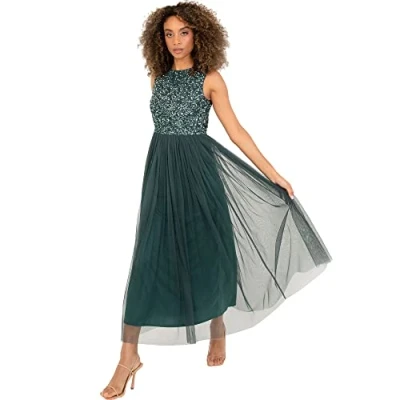 Abbildung von Maya Deluxe Vrouwen Midaxi Jurk Dames Mouwloze Pailletten Hoge Empire Taille Tule Versierd voor Bruiloft Gast Bal Bruidsmeisje, Bessen, 42
