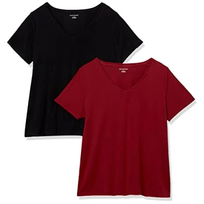 Abbildung von Amazon Essentials Damen Kurzärmeliges T Shirt mit V Ausschnitt (erhältlich in Übergröße), 2er Pack, Schwarz/Burgunderrot, 3XL Große Größen