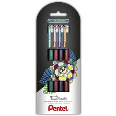 Abbildung von Pentel K110 4COL Dual Metallic Hybrid Gelroller, verschiedene farb Effekte auf Hellem/Dunklem Papier, 4er Set sortiert