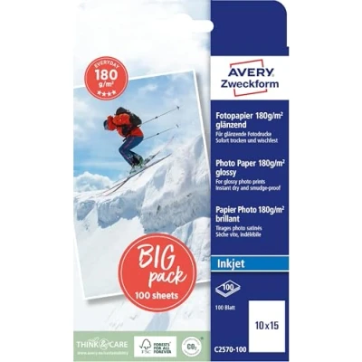 Abbildung von AVERY Zweckform Art. C2570 100 Everyday Inkjet Fotopapier (100 Blatt, 180 g/m², 10x15cm, glänzende Fotokarten, einseitig beschichtet, sofort trocken &amp; wischfest, Fotoblätter für Drucker) weiß