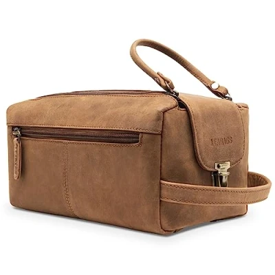 Abbildung von LEABAGS großer Leder Premium Kulturbeutel Damen &amp; Herren I Kulturtasche für Männer Frauen Geräumige Kosmetiktasche Wachtasche Beauty Case Waschbeutel Fox