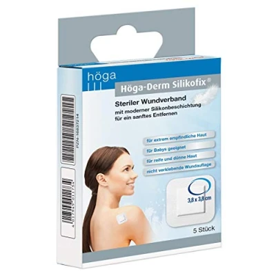 Abbildung von Höga Derm Silikofix® 3,8cm x 3,8cm, 5 Stück. Steriler Wundverband mit moderner Silikonbeschichtung für ein sanftes Entfernen. 14 g