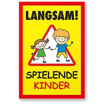 Abbildung von Komma Security langsam spielende Kinder Schild 20 x 30 cm Hinweisschild Warnzeichen Warnschild fahren Warnung Hinweis Spielstraße Spielplatz Vorsicht