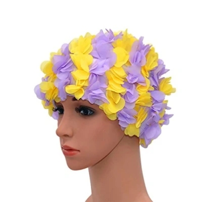 Abbildung von Medifier Badekappe mit Blumenmuster, Retro Stil, für Damen, Violett und Gelb