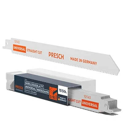 Abbildung von Presch Säbelsägeblätter Universal Holz und Edelstahl 210mm 10 Stk. Variozahn 8% Cobalt Sägeblätter für Hartmetall Universalschaft Reciprosäge Set inkl. Box