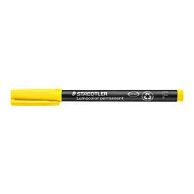 Abbildung von STAEDTLER permanent Marker Lumocolor, gelb, F Spitze Linienbreite ca. 0,6 mm, wisch und wasserfest, Made in Germany, lange Lebensdauer, 10 gelbe Universalstifte im Kartonetui, 318 1