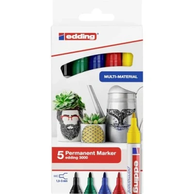 Abbildung von edding 3000 Permanentmarker rot, blau, gün, gelb, schwarz 5er Set Rund Spitze 1,5 3 mm schnell trocknend, wasserfest, wischfest für Karton, Kunststoff, Holz, Metall Universalmarker