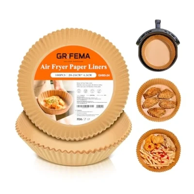Abbildung von GRIFEMA Heißluftfritteuse Backpapier, Rund Airfryer Backpapier 100 Stück, 16cm, BPA Frei, Ungebleicht, Antihaft Wasserdicht Ölfest, 5 8 L Körbe, Papier für Ofen, Mikrowellen, Backen