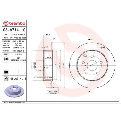 Abbildung von BREMBO Bremsscheibe TOYOTA: Avensis II Station Wagon, Hatchback COATED DISC LINE 280mm 10mm 5 voll beschichtet hochgekohlt 08.A714.11