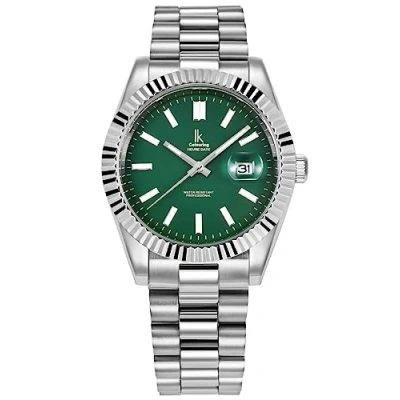 Abbildung von Alienwork Armbanduhr Herren Damen Silber Edelstahl Metallarmband Kalender Datum Grün Klassik Elegant