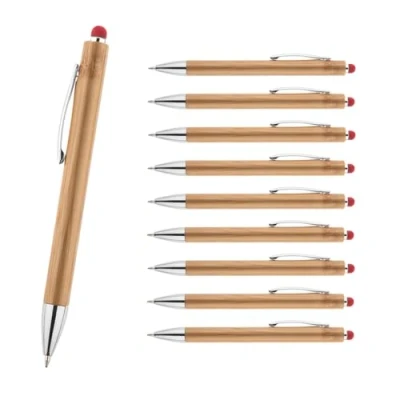 Abbildung von WPRO Bamboo 10er Set Touchpen Kugelschreiber aus Bambus rot Nachhaltige, blauschreibende Stifte mit austauschbarer Mine und Touch Funktion für Smartphones