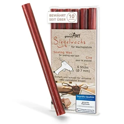 Abbildung von gravurART Siegelwachs flexibel für Wachspistole Stilvoll Briefe versiegeln mit dem 6er Pack Wachs Siegelstempel in Rot metallic 7 mm