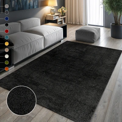 Abbildung von SANAT Kurzflor Teppich Wohnzimmer Uni Modern Teppiche fürs Schlafzimmer, Arbeitszimmer, Büro, Flur, Kinderzimmer und Küche Schwarz, 80 x 200 cm