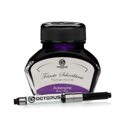 Abbildung von Octopus Fluids Füllhaltertinte im Tintenglas inklusive Konverter, Schreibtinte für Füllhalter, Füllertinte in Aubergine 30ml mit Tintenkonverter
