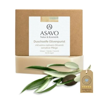 Abbildung von ASAVO Premium Olivenölseife, handgemachte BIO Seife mit extra nativem Olivenöl, 100% Naturseife, Olivenseife ohne Parfümzusatz, vegan, 95g