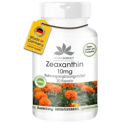 Abbildung von Zeaxanthin 10mg 30 Kapseln Hochdosiert aus 50mg Tagetesblüten Extrakt HERBADIREKT by Warnke Vitalstoffe Deutsche Apothekenqualität
