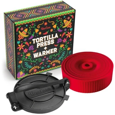 Abbildung von Uno Casa Tortilla Presse aus Gusseisen, 20,3 cm, mit Wärmer Set vorbehandeltem Quesadilla , Roti und Pataconera Maker Taco Schalenwärmer, inklusive 100 Stück Pergamentpapier