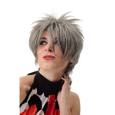 Abbildung von WIG ME UP BLUE144 44 Damenperücke Perücke Kurzhaarperücke kurz toupiert wilde Strähnen 80er Wave Punk Grau Silbergrau mit hohem Schwarzanteil