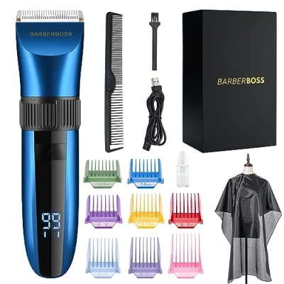 Abbildung von BarberBoss Kabelloser, selbstschärfender Bart und Haarschneider, wasserdicht, mit Keramikklingen, LED Display, schnelles Aufladen 8 farbigen Kamm Aufsätzen QR 2082