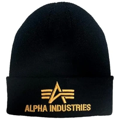 Abbildung von Alpha Industries Herren 3D Strickmütze aus Acryl Beanie Mütze, Black/Yellow Gold, Einheitsgröße