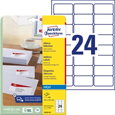 Abbildung von AVERY Zweckform J8159 25 Adressetiketten/Adressaufkleber (600 Etiketten, 63,5x33,9mm auf A4, bedruckbar, selbstklebend, für DIN B6/C6 Briefkuverts, Papier matt, Inkjet Drucker) Blatt, weiß