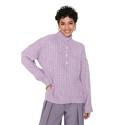 Abbildung von Trendyol Damen Hemdkragen, Einfarbig, Regular Sweater Sweatshirt, Lila, S