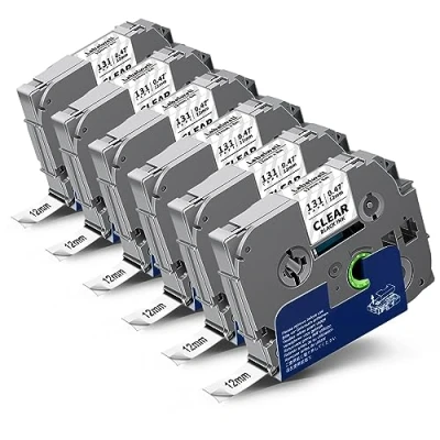 Abbildung von 6x Labelwell Schwarz auf Transparent 12mm 0.47 kompatibel für Brother P touch Bänder TZe131 TZe 131s TZ 131 Clear Schriftband Ptouch PT H110 H107b H100lb 1000 1010 D400 D600
