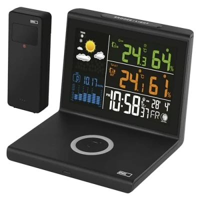 Abbildung von EMOS Funk Wetterstation mit kabellosem Qi Ladegerät, VA Farbdisplay, Netzteil und Außensensor, Funktionen: Thermometer, Hygrometer, Wettervorhersage, DCF Uhranzeige, Wecker