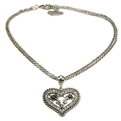 Abbildung von Alpenflüstern Trachtenkette Strassherz Hirsch Damen Trachtenschmuck mit Strass Trachtenherz und Kopf Geweih, Dirndlkette antik Silber Farben DHK167