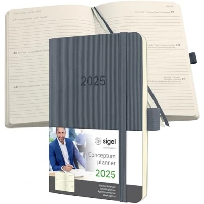 Abbildung von SIGEL C2537 Terminplaner Wochenkalender 2025, ca. A6, dunkelgrau, Softcover, 176 Seiten, Gummiband, Stiftschlaufe, Archivtasche, aus nachhaltigem Papier, Conceptum