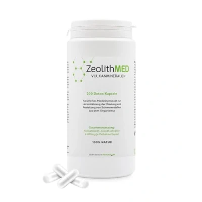 Abbildung von Zeolith MED Detox Kapseln, Medizinprodukt, hochdosiert, hochwirksam ultrafein 9µm, Apothekenqualität, Entgiftung von Schwermetallen, 100% Klinoptilolith, Entgiftungskur mit Vulkanmineralien