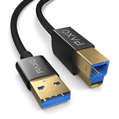 Abbildung von PAXO 3m USB A Druckerkabel, 3.2 Gen2 mit 10 Gbit/s (1,25 GByte/s) Übertragungsrate, Stecker auf B, Ladekabel, Datenkabel, schwarz