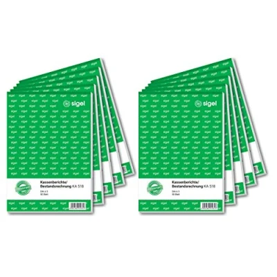 Abbildung von SIGEL KA518/10 Kassenbericht / Bestandsrechnung, A5, 10 Stück á 50 Blatt, zur korrekten Ermittlung des Tagesabschlusses und Kassenbestandes, für Brutto Nettoverbuchungen