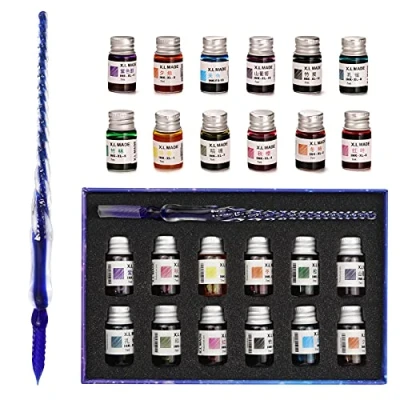 Abbildung von AOKUY Glasstifte Set kalligraphie, Kalligraphie Dip Pens,12 bunte Tinten,Kaligraphie Sets für Kunst, Schreiben, Unterschriften, Dekoration, Geschenk.
