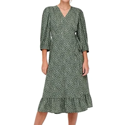 Abbildung von ONLY Damen Midi Wickel Kleid ONLOlivia Wrap 3/4 Ärmel, Knielang mit Alloverprint 15253350 Balsam Green: Kenya Grafic S