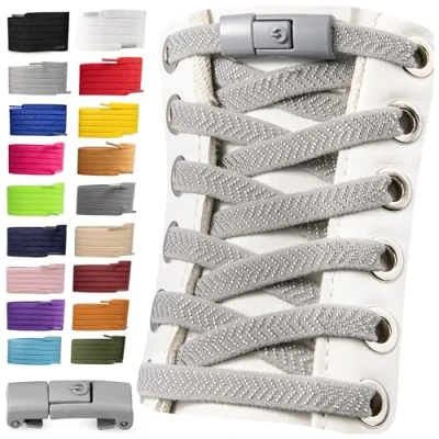 Abbildung von SULPO Schnürsenkel ohne Binden 2 Paare Schnellverschluss Elastische Schnürsenkel, 100 cm Lang, Flache Gummi No Tie Sneakers Hellgrau
