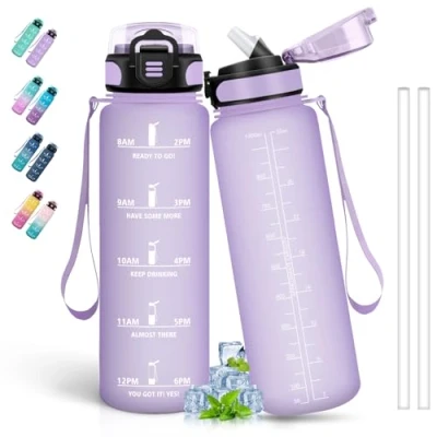 Abbildung von Trinkflasche 1l, mit Strohhalm, Sport Zeitmarkierung, für Kohlensäurehaltige Getränke, Kann Dir Tragen, Wasserflasche Fitness, Camping, Wandern, Lila