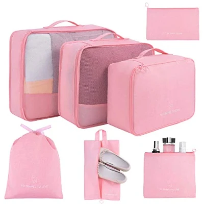 Abbildung von Koffer Organizer 7 Set,Packing Cubes Gepäck Packwürfel mit Schuhbeutel und Kulturbeutel (Pink)
