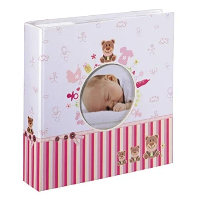 Abbildung von Hama Babyalbum Moni, Einsteckalbum für 200 Fotos im Format 10x15, Kinderalbum mit Beschriftungsfeld Notizen und Selbstgestaltung, Ausschnitt Foto, Baby Fotoalbum Mädchen, 22,5x22,5cm, rosa